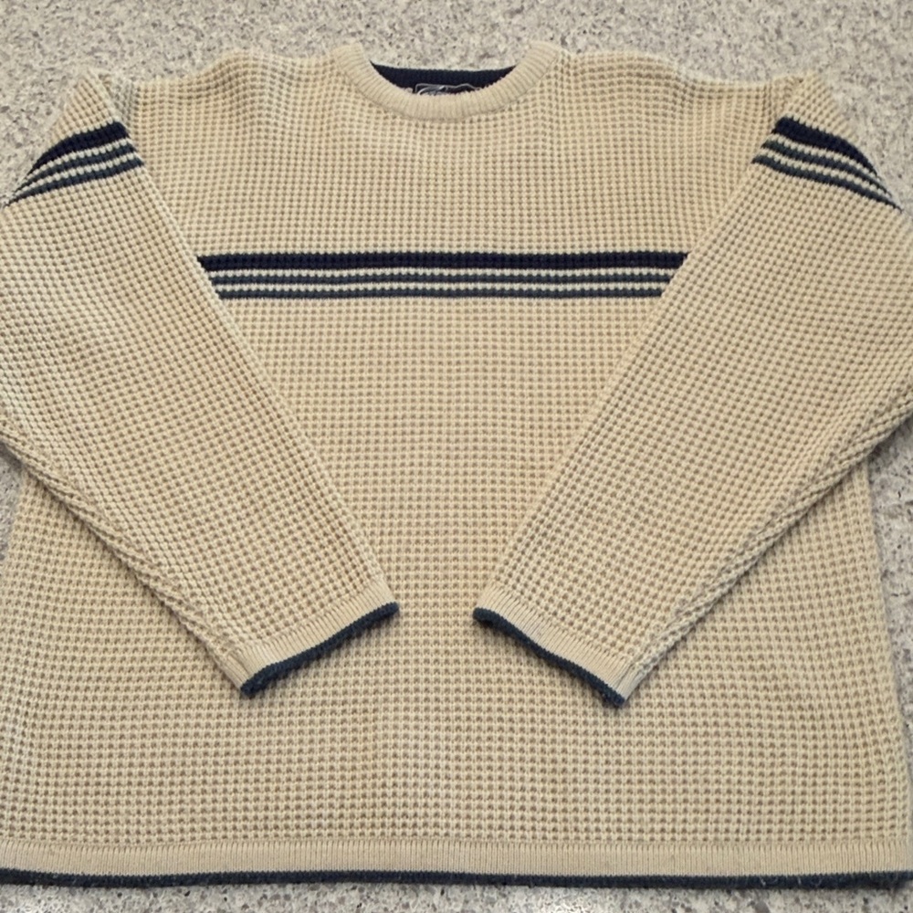 Vintage Point Zero Cream and Black Textured Waffle Knit Crewneck Sweater Mens XL